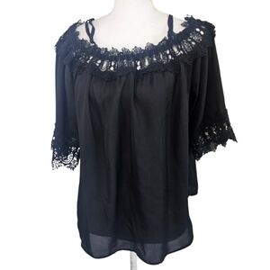 By&By Women’s Black Lace Crochet Off Shoulder Blouse Top XL Boho Peasant Style